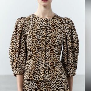 Zara leopard Print puff sleeve Blouse size Small animal X21